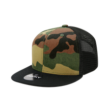 Decky 1055 - Camo Flat Bill Trucker Hat, Camouflage 6 Panel Trucker Cap