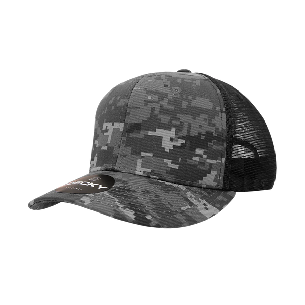 Decky 1054 - Camo Curve Bill Trucker Hat, 6 Panel Camo Trucker Cap