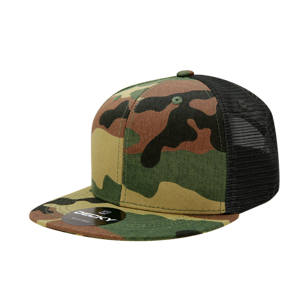 Decky 1055 - Camo Flat Bill Trucker Hat, Camouflage 6 Panel Trucker Cap