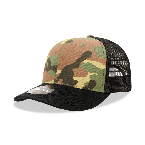 Decky 1054 - Camo Curve Bill Trucker Hat, 6 Panel Camo Trucker Cap