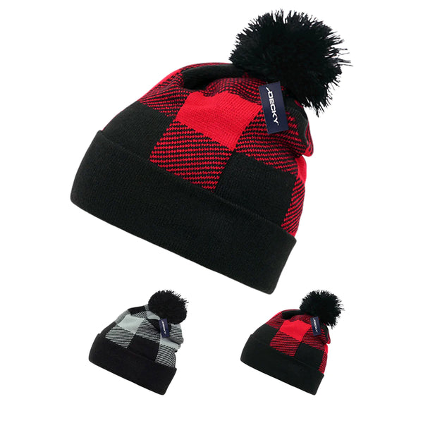 Buffalo Plaid Pom Beanie, Knit Cap - Decky 8028