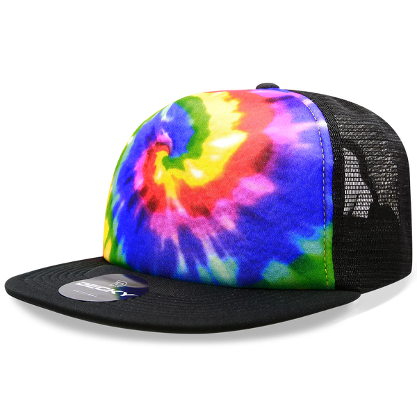 Decky 1079 - 5 Panel Tie Dye Trucker Hat, Tiedye Flat Bill Hat, Snapback